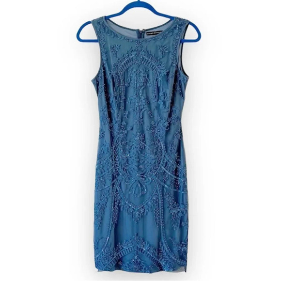 Aidan Mattox Blue Beaded Sheath Dress Size 6 Bridesmaid‎ Wedding Party Cocktails - Picture 1 of 9